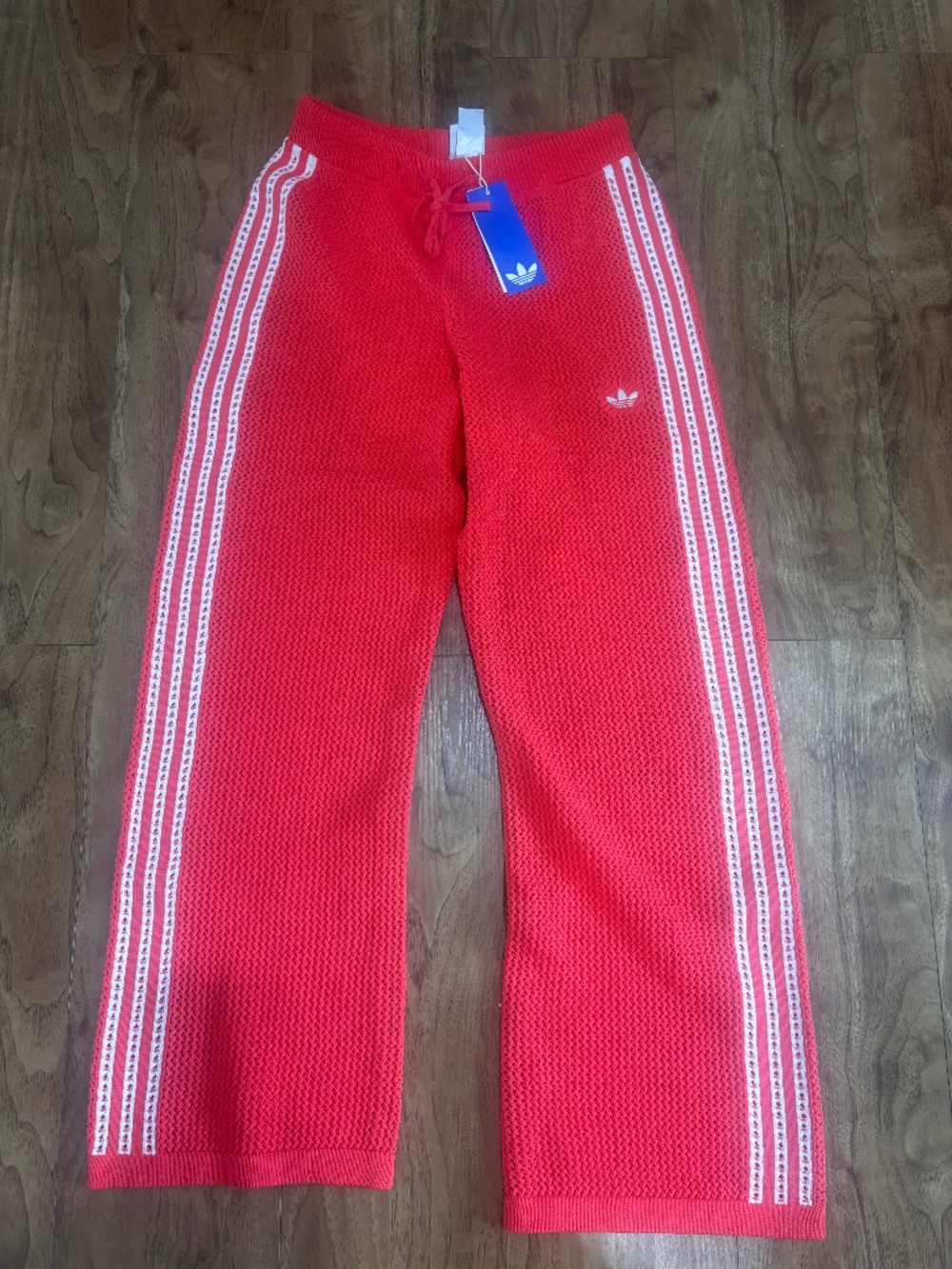 NWT adidas Knitted Crochet Firebird Track Pants Coral Open Knit 3 Stripes Women’